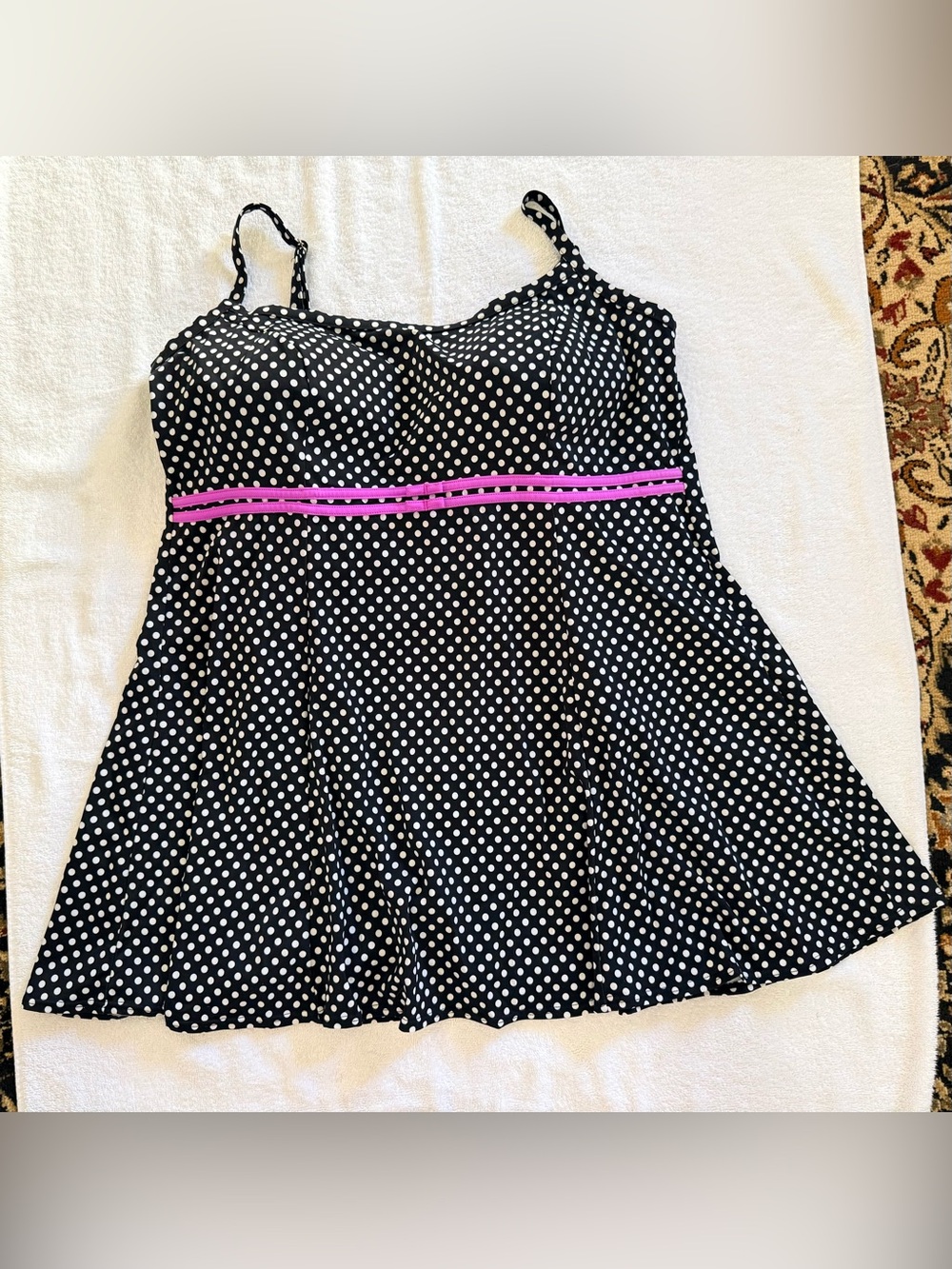 24W A Shore Fit Black Polka Dot Swim Dress with Hot Pink/Purple Trim